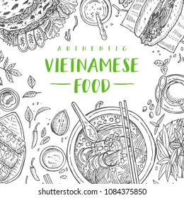 Hand drawn top view traditional Vietnamese food, Vector Illustration