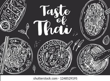 Hand drawn top view traditional Thai food on a blackboard, Vector Illustration