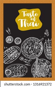 Hand drawn top view traditional Thai food on a blackboard, Vector Illustration