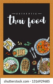 Hand drawn top view traditional Thai food on a blackboard, Vector Illustration