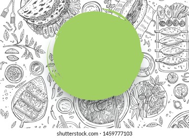 Hand drawn top view traditional Vietnamese food, Vector Illustration