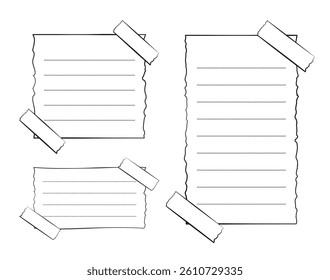 Hand drawn torn memo paper sheet, sticky note, reminder, to do list, sticky tape. Bullet journal elements in line art doodle style.
