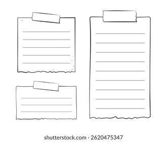 Hand drawn torn memo paper sheet, sticky note, reminder, to do list, sticky tape. Bullet journal elements in line art doodle style.