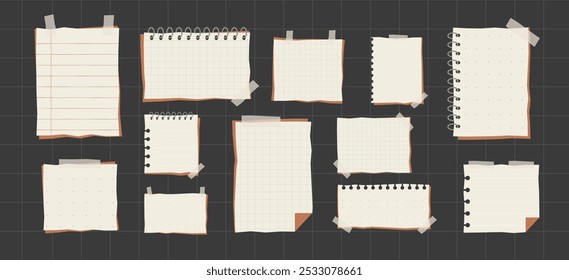 Nota de papel rasgado desenhado à mão com coleção de vetor de fita. Notas em Branco para Mensagem, Diários, Planejadores, Listas de Tarefas Pendentes, Modelo de Aviso. Papel desenhado à mão Lembrete de ilustrações vetoriais planas