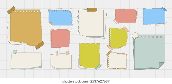 Hand Drawn Torn Paper Note with Tape Vector Collection. Blank Paper Notes for Message, Journals, Planners, To-Do Lists, Memo Template. Hand Drawn Colorful Paper Reminder flat vector illustrations