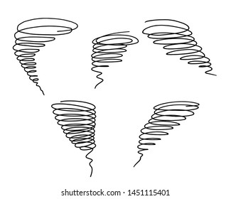 Hand drawn tornado line sketch set. Scribble cyclone doodle note mark design element. Pen graffiti typhoon scribble, spiral draft. Vector illustration.
