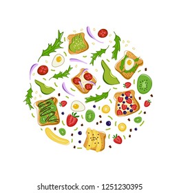 Hand drawn tosts,vegetables and fruits vector illustration. Vegetarian set of organic products. Detailed cartoon food drawing. Great for menu,banner,label, logo,flyer etc.