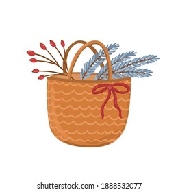 Hand drawn tote bag with conifer branches and berries. Cute winter vector illustration