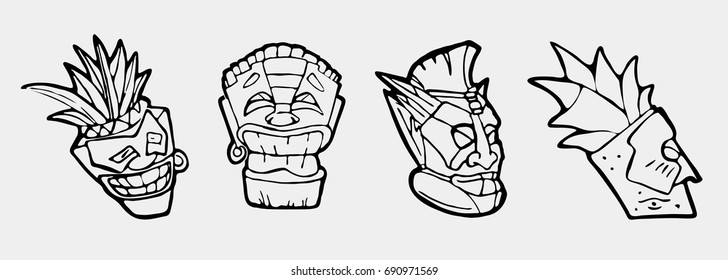 Hand drawn totem face, statue, idol Polynesian symbol set. Ancient tribal god. 