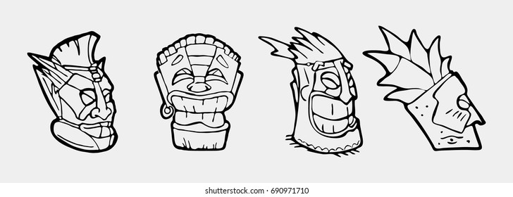 Hand drawn totem face, statue, idol Polynesian symbol set. Ancient tribal god. 