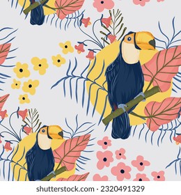 hand drawn toucan bird and tropical leaves pattern