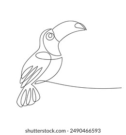 Hand drawn toucan bird vector. One line continuous drawing. Abstract linear illustration, minimal icon, print, banner, card, wall art, poster, brochure, doodle, cartoon, sign, outline symbol, wildlife