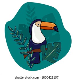 Hand drawn toucan print and leaves exotic tropical bird vector illustration