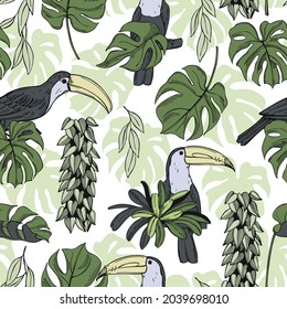 Hand drawn toucan and  tropical plants. Vector  seamless pattern.
