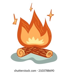 Handgezeichnetes Touristenfeuer, Vektorgrafik im flachen Doodle-Stil. Campingausrüstung für Wandern und Klettern einzeln auf weißem Hintergrund