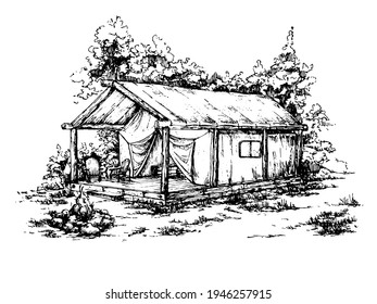 hand drawn tourist camping tent in a forest sketch. black and white tent with a terrace and campfire with trees on background