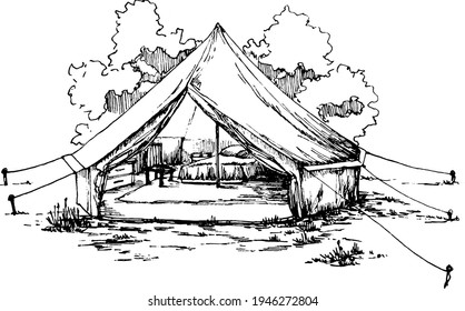hand drawn tourist camping tent in a forest sketch. black and white tent with a terrace and campfire with trees on background
