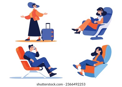 Hand Drawn Tourist with chair on airplane in flat style isolated on background