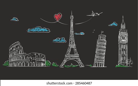 Hand drawn tourist collage with sights of Europe on blackboard. Vector Illustration