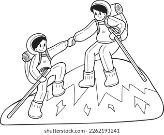Hand Drawn Tourist couple hiking illustration in doodle style isolated on background