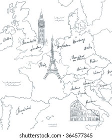 Hand drawn tourist map with sights of Europe
