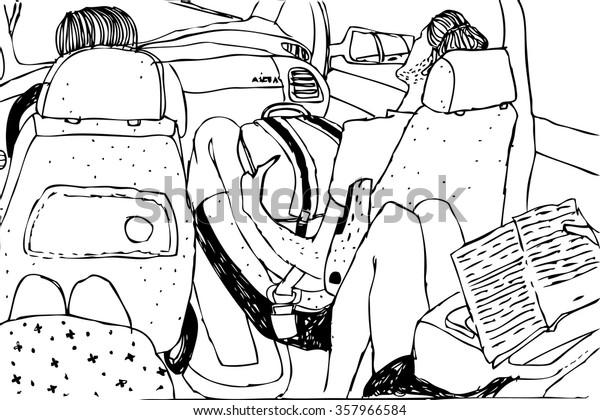 Hand drawn touristic\
sketch of car cabin with traveling passengers inside. Black and\
white vector illustration of car traveling people. Road tripping\
with friends. 