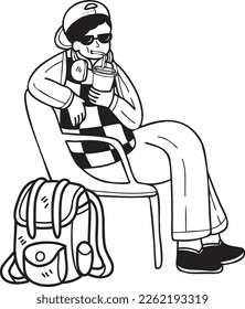 Hand Drawn Tourists drinking iced coffee illustration in doodle style isolated on background