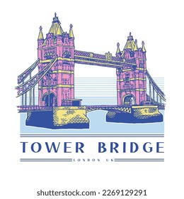 HAND DRAWN TOWER BRIDGE LONDON ENGLAND ARCHITECTURE RIVER BUILDING TOURIST TRAVEL VACATION CITY VINTAGE TSHIRT TEE PRINT FOR APPAREL MERCHANDISE