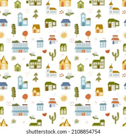 Hand drawn town elements seamless pattern for kid. Building, house, abstract tree plant illustration. Children scandinavian vector background. Cartoon city wrapping paper print design