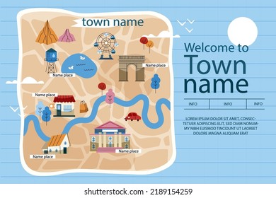 Hand Drawn Town Map Illustration Vector Illustration.