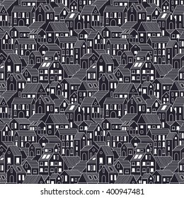 Hand drawn town at night. Seamless pattern with houses. Vector background in one color.