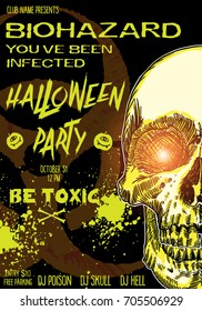Hand drawn toxic Halloween celebration card or flyer with lettering biohazard infected and scary human skulls and skeleton parts. Halloween poster and banner decoration background. Vector.