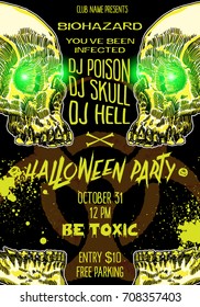 Hand drawn toxic Halloween celebration card or flyer with lettering biohazard infected and scary human skulls and skeleton parts. Halloween poster and banner decoration background. Vector.