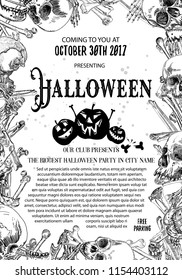 Hand drawn toxic and thriller Halloween celebration card and flayer with lettering and scary human skulls and skeleton parts. Halloween poster and banners decoration background Vector.