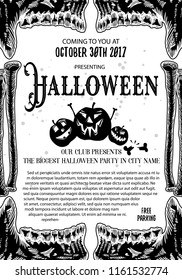 Hand drawn toxic and thriller Halloween celebration card and flayer with lettering and scary human skulls and skeleton parts. Halloween poster and banners decoration background Vector.