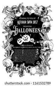 Hand drawn toxic and thriller Halloween celebration card and flayer with lettering and scary human skulls and skeleton parts. Halloween poster and banners decoration background Vector.