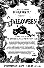 Hand drawn toxic and thriller Halloween celebration card and flayer with lettering and scary human skulls and skeleton parts. Halloween poster and banners decoration background Vector.