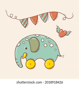 Hand drawn toy blue elephant in white spots on yellow wheels with a festive garland and a flying heart