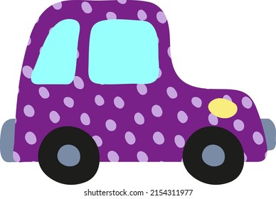 Hand drawn toy car for baby icons, kindergarten decor. Cute purple polka dot vehicle for boys. Cartoon infant transport side view in childish doodle style. Automobile picture. Vector nursery design.