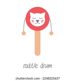 Hand drawn toy musical instruments for kids. Flat vector rattle drum illustration. Clipart isolated on white background