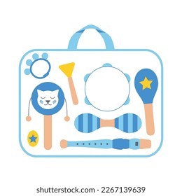 Hand drawn toy musical instruments for kids. Flat vector bag with toys illustration. Clipart isolated on white background