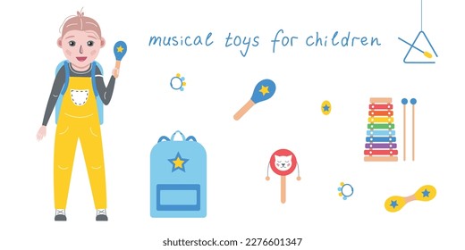 Hand drawn toy musical instruments for kids. Flat vector toddler in overall illustration. Clipart isolated on white background