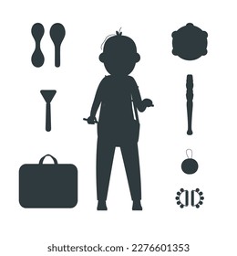 Hand drawn toy musical instruments for kids. Flat vector toddler in overall with drum silhouette illustration. Clipart isolated on white background