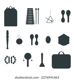Hand drawn toy musical instruments, bag and backpack for kids. Flat vector silhouette illustration. Clipart isolated on white background