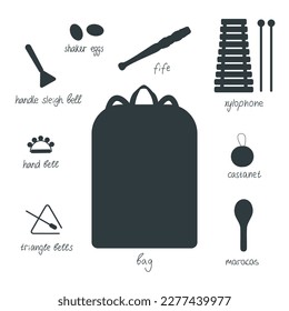 Hand drawn toy musical instruments for kids with backpack. Flat vector silhouette illustration. Clipart isolated on white background