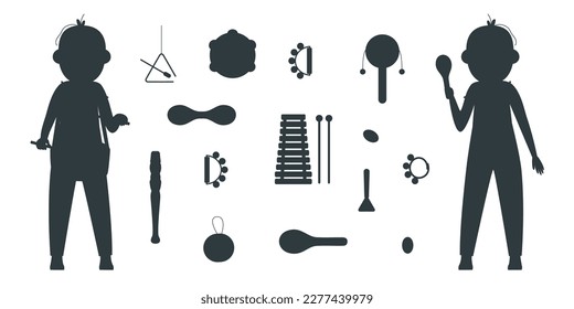 Hand drawn toy musical instruments for kids. Flat vector silhouette illustration. Clipart isolated on white background