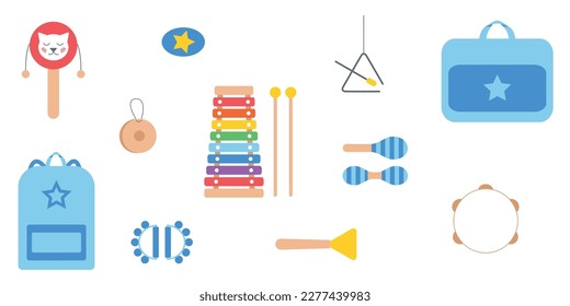 Hand drawn toy musical instruments for kids. Flat vector illustration. Clipart isolated on white background