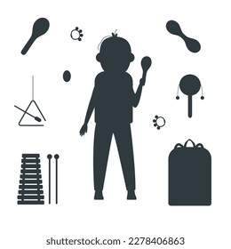 Hand drawn toy musical instruments for kids. Flat vector toddler in overall silhouette illustration. Clipart isolated on white background