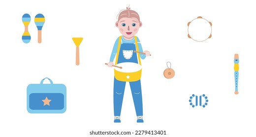 Hand drawn toy musical instruments for kids. Flat vector toddler in overall with drum illustration. Clipart isolated on white background.