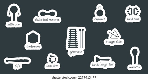 Hand drawn toy musical instruments for kids. Flat vector silhouette illustration for stickers. Clipart isolated on white background